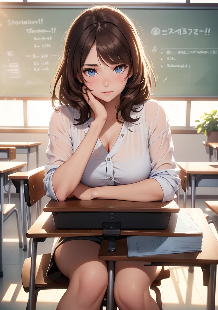 a girl with beautiful brown hair, matured, stunning azure eyes, sitting in a classroom with a blackboard, desk, (best quality,4k,8k,highres,masterpiece:1.2),ultra-detailed,(realistic,photorealistic,photo-realistic:1.37),intricate details, warm lighting, elegant,cinematic,hyper-realistic,award winning photograph