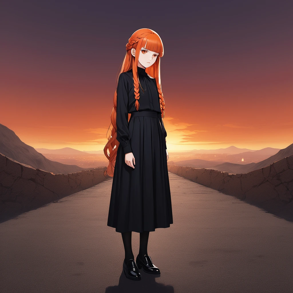 Create an anime image of a serious white girl with a mysterious look and very long hair in a Greek braid hairstyle with straight, straight reddish-orange bangs and orange-reddish sunset eyes., wearing a formal black with black full-coverage tights with black shoes in a fancy old school