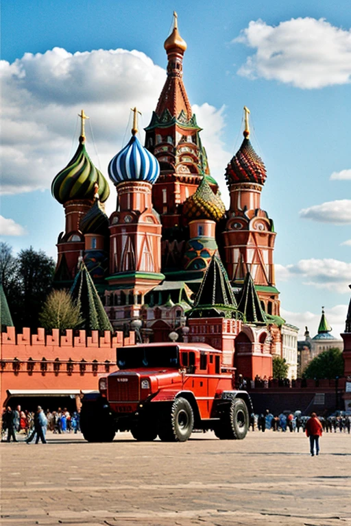 Red Square. Moscow. A FUTURISTIC TIME MACHINE ON BUSCHATKA, THE MOTOR ROARS ( volume) (masterpiece) ( Realism)