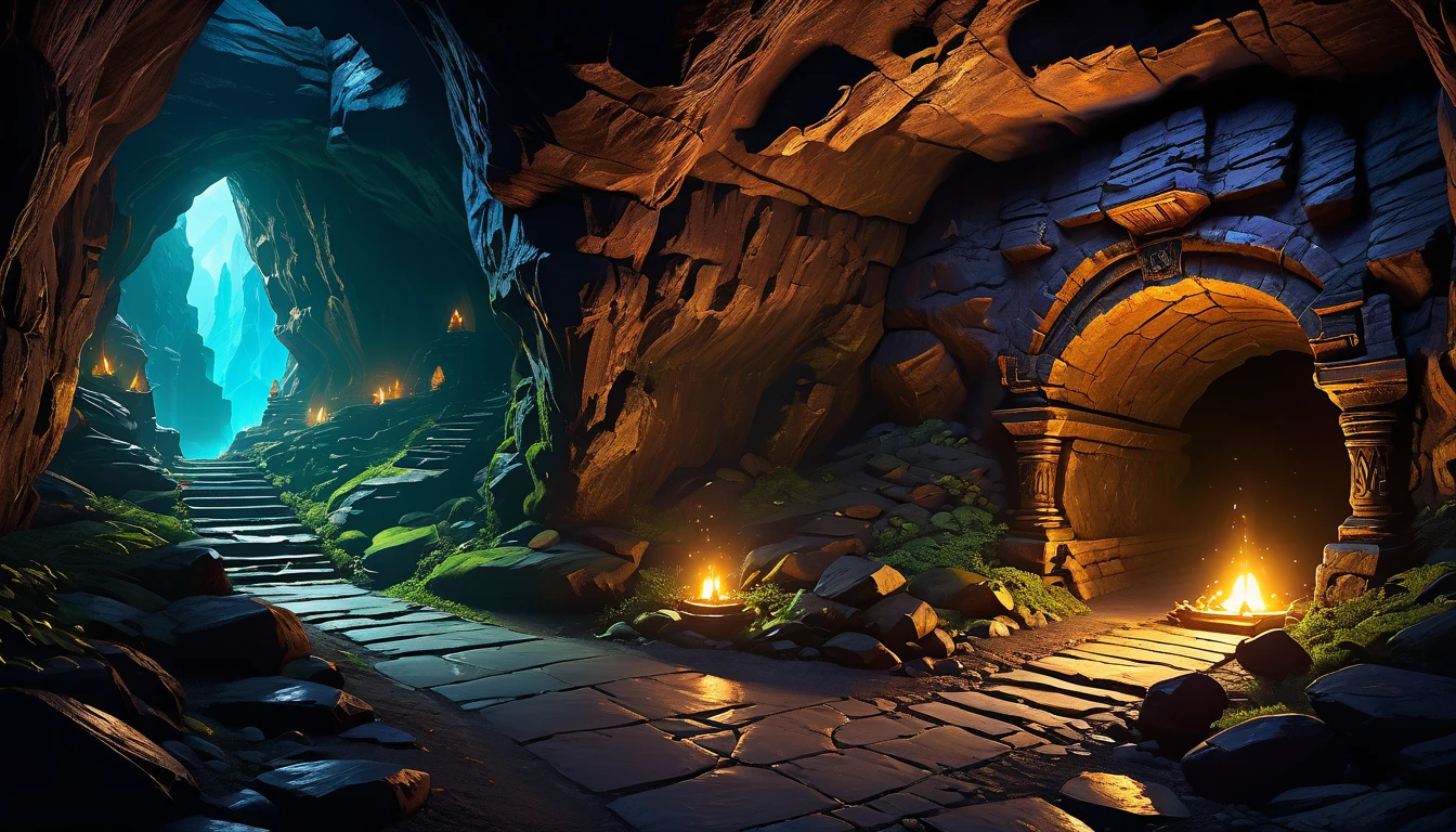 (by Greg Rutkowski: 1.2, dark fantasy), (extremely detailed CG unity 8k wallpaper, masterpiece, best quality, ultra-detailed, HDR:1.2), ((goblin cave, cave tunnel, cave interior, isolated tunnel, dark tunnel: 1.5, from final dungeon and dragons)), dark interior: 1.5, dark colors, dark atmosphere, extremely detailed, intricate, delicate, serene fantasy, dimed lighting, 8k, high quality