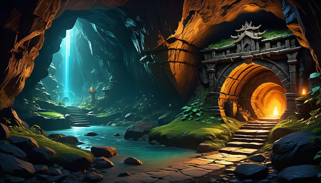 (by Greg Rutkowski: 1.2, dark fantasy), (extremely detailed CG unity 8k wallpaper, masterpiece, best quality, ultra-detailed, HDR:1.2), ((goblin cave, cave tunnel, cave interior, isolated tunnel, dark tunnel: 1.5, from final dungeon and dragons)), dark interior: 1.5, dark colors, dark atmosphere, extremely detailed, intricate, delicate, serene fantasy, dimed lighting, 8k, high quality