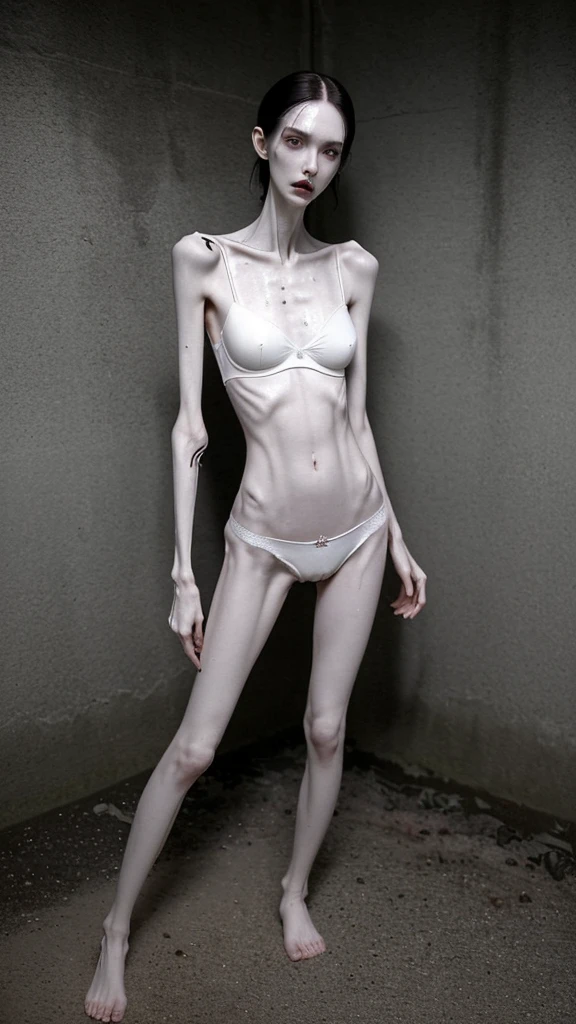 a woman, very thin body, body visible bones, very slender, pale white skin, sweaty wet body, panties, bra,tatto, full body, has a mental breakdown in an underground prison