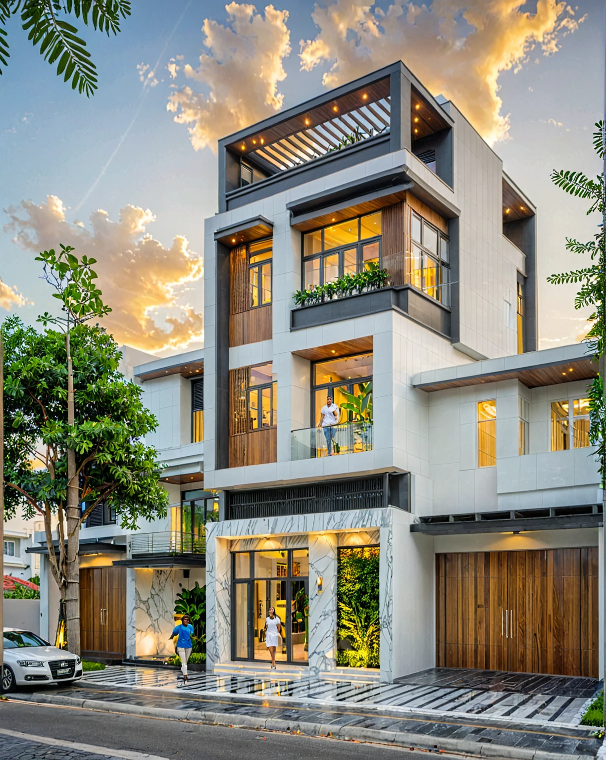 modern villa on street, (sunset), tropical tree, vivid colour, streetcapes, white tone, white wall, large glass door, (warm interior lighting:1.2), wood and marble, best quality, 18ArchiAI_VL-v1
