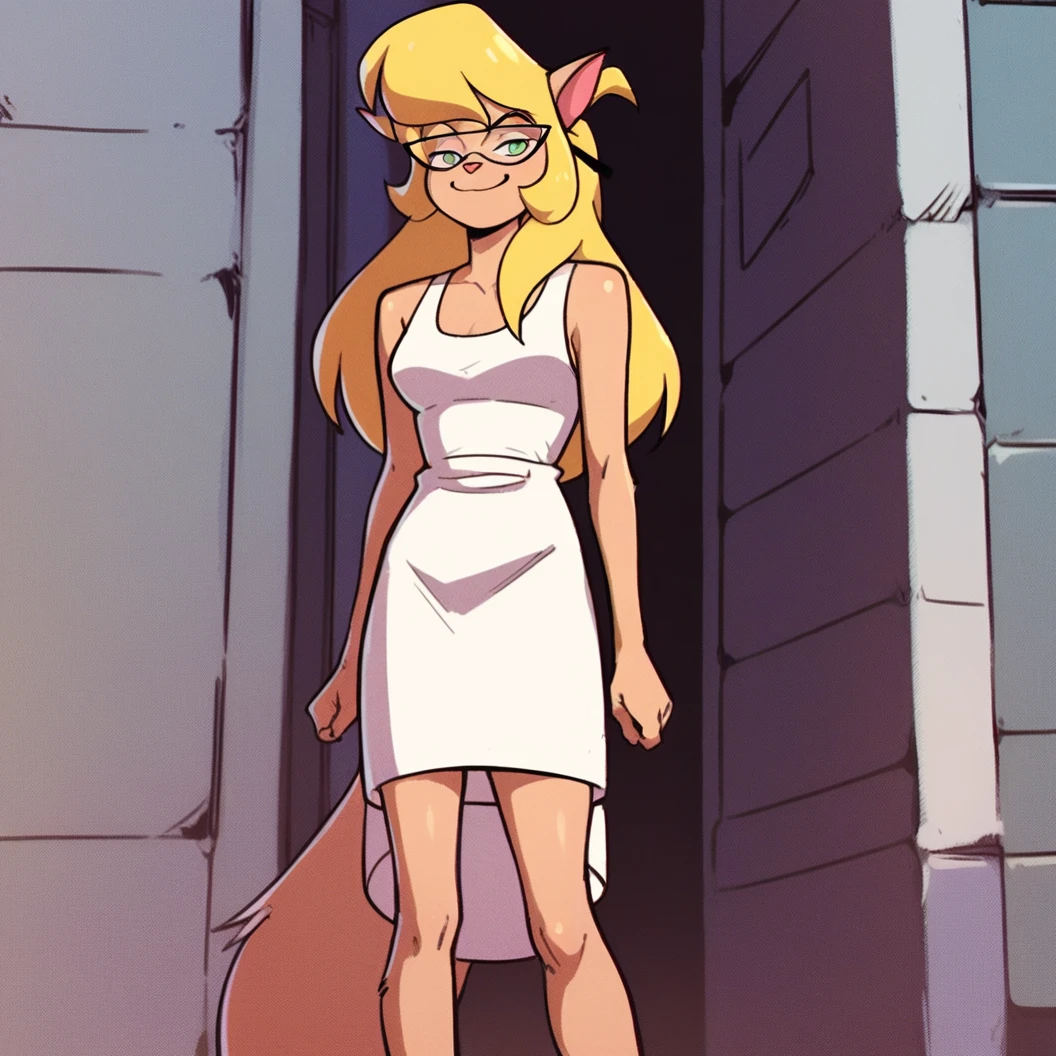 score_9, score_8_up, score_7_up, score_6_up, score_5_up, score_4_up, (Source furry), (rating safe), outside, standing, glasses, callie briggs,, detailed, detailed fur, front view, white panties, white sleeveless dress, long dress, 1girl, solo, lifting up dress, pantyflash, smile flirty, showing bare legs