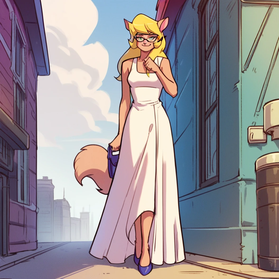 score_9, score_8_up, score_7_up, score_6_up, score_5_up, score_4_up, (Source furry), (rating safe), outside, standing, glasses, callie briggs,, detailed, detailed fur, front view, white panties, white sleeveless dress, long dress, 1girl, solo, lifting up dress, pantyflash, smile flirty, showing bare legs