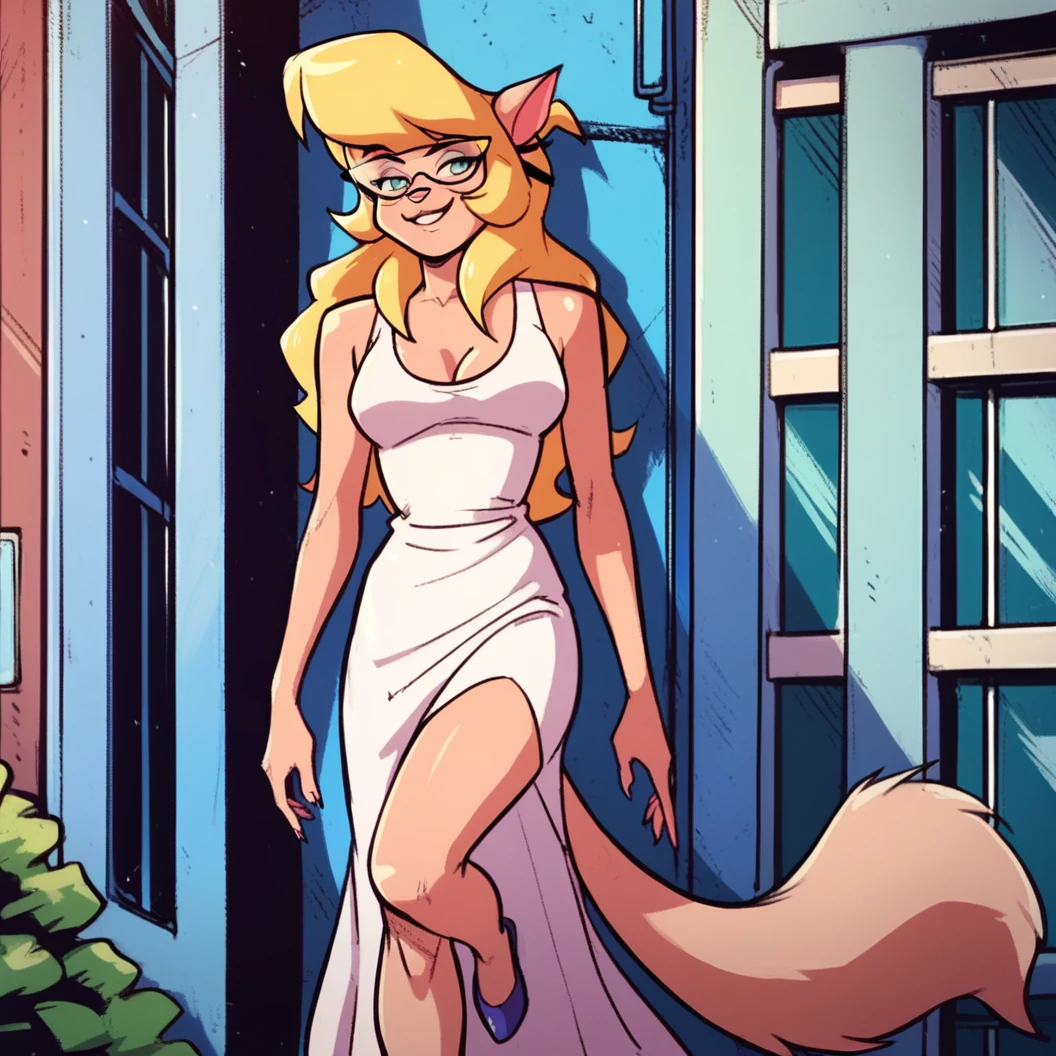 score_9, score_8_up, score_7_up, score_6_up, score_5_up, score_4_up, (Source furry), (rating safe), outside, standing, glasses, callie briggs,, detailed, detailed fur, front view, white panties, white sleeveless dress, long dress, 1girl, solo, lifting up dress, pantyflash, smile flirty, showing bare legs