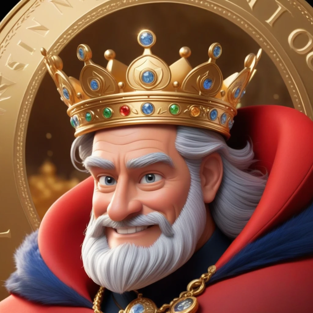 ersonage king, Disney Pixar inspired on coin, He wears a crown, smiling, next to it is an image of the king in profile