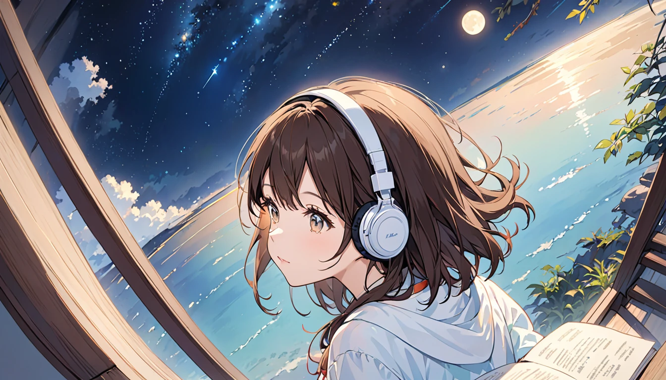 Girl wearing headphones,Looking out towards the stars,Top view,Brown Hair,One girl,relax,The background is night,