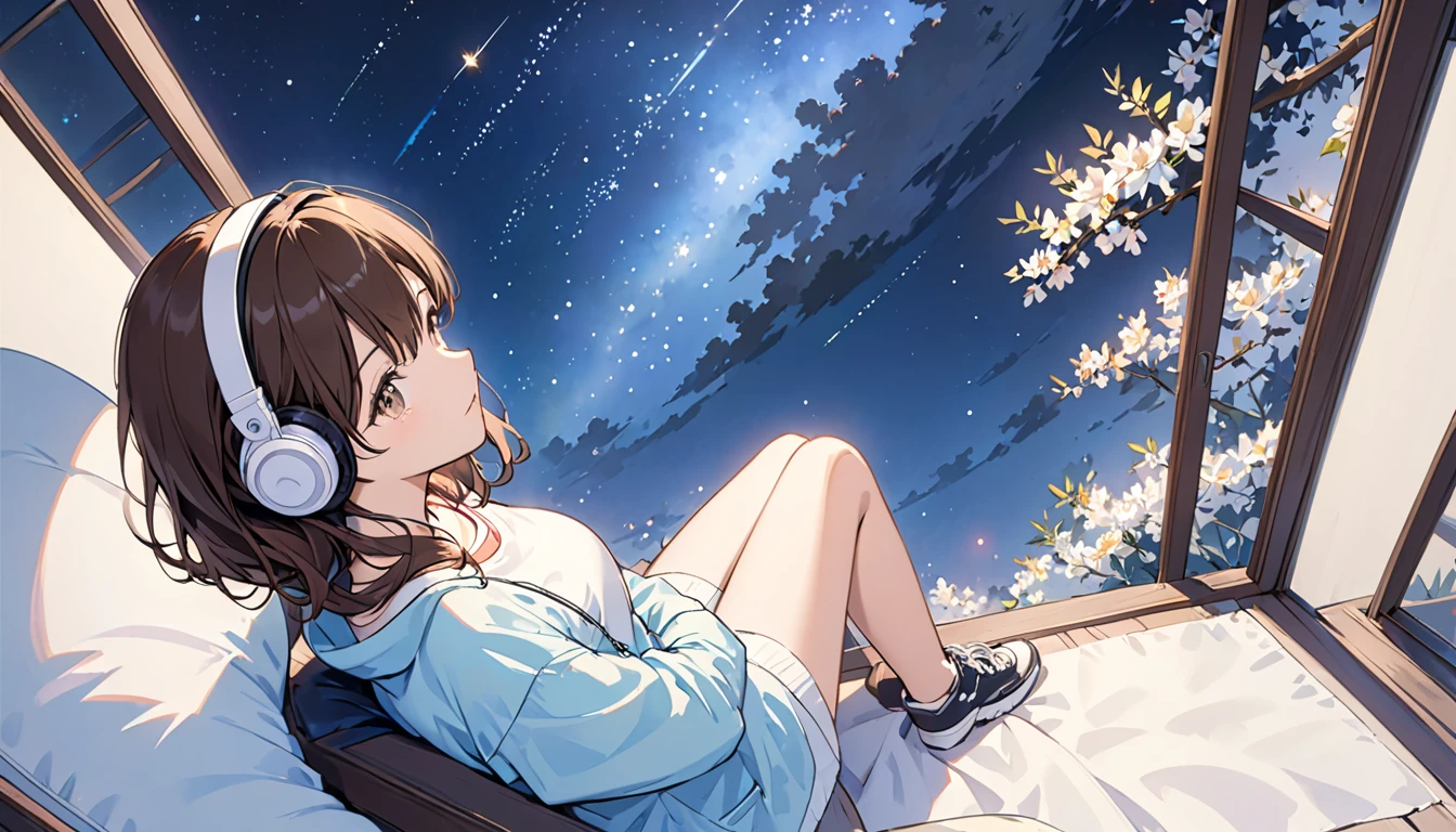 Girl wearing headphones,Looking out towards the stars,Top view,Brown Hair,One girl,relax,The background is night,