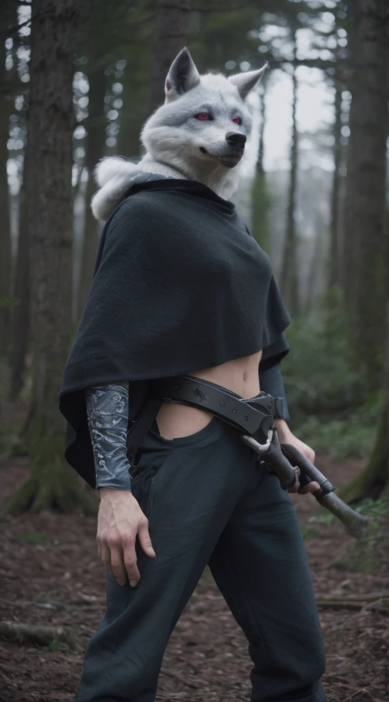 death (puss in boots), male, muscular, wolf, canid, fluffy, standing, night, forest, claws, paws, low angle view, long hair, black sclera, red eyes, tail, front view, action pose, (black poncho:1.2), clothed, bottomwear, pants, belt, white body, black fur, black fur, grey fur, forest, moonlight night,
BREAK,
by virtyalfobo, by anchee, by snowskau, by foxovh, by sabretoothed ermine, (intricate, high detail, film photography, soft focus, RAW candid cinema,
photorealism, realistic, photorealistic, analog style, subsurface scattering,
masterpiece, best quality, ultra realistic, 8k)