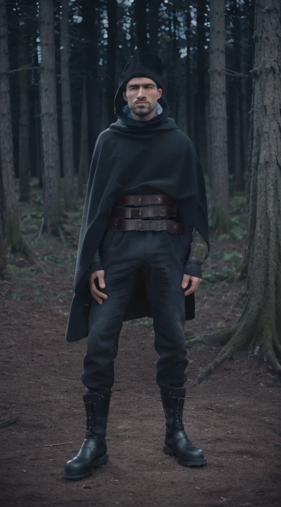 death (puss in boots), male, muscular, wolf, canid, fluffy, standing, night, forest, claws, paws, low angle view, long hair, black sclera, red eyes, tail, front view, action pose, (black poncho:1.2), clothed, bottomwear, pants, belt, white body, black fur, black fur, grey fur, forest, moonlight night,
BREAK,
by virtyalfobo, by anchee, by snowskau, by foxovh, by sabretoothed ermine, (intricate, high detail, film photography, soft focus, RAW candid cinema,
photorealism, realistic, photorealistic, analog style, subsurface scattering,
masterpiece, best quality, ultra realistic, 8k)