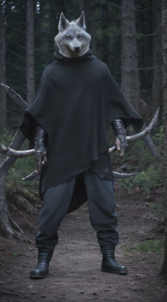 death (puss in boots), male, muscular, wolf, canid, fluffy, standing, night, forest, claws, paws, low angle view, long hair, black sclera, red eyes, tail, front view, action pose, (black poncho:1.2), clothed, bottomwear, pants, belt, white body, black fur, black fur, grey fur, forest, moonlight night,
BREAK,
by virtyalfobo, by anchee, by snowskau, by foxovh, by sabretoothed ermine, (intricate, high detail, film photography, soft focus, RAW candid cinema,
photorealism, realistic, photorealistic, analog style, subsurface scattering,
masterpiece, best quality, ultra realistic, 8k)