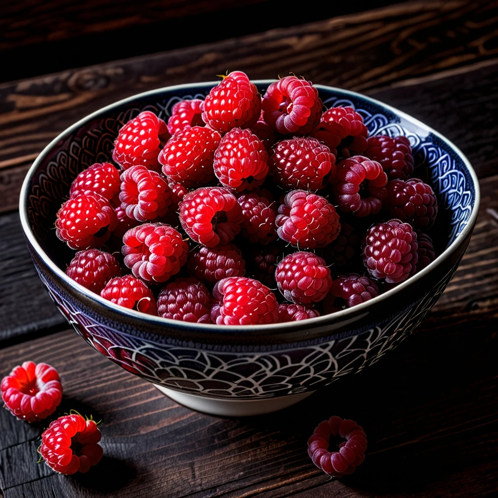 closeup photograph raspberries in a ceramic japanese bowl on a beautiful wood table, intricate details, hyperdetailed photograph, dark contrast, award winning composition, dark shadows, 8k resolution, food photography