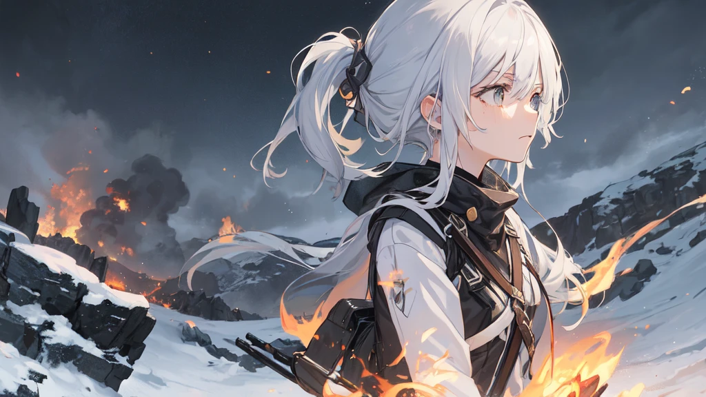 masterpiece:1.2), best quality , 独奏 ,pixiv, anime girl ，long straight white hair , black eyes ,Wearing off-white camouflage uniform ,ten years old，modern battlefield，(Eyes looking into the distance:1.3)，(look away:1.5)，snowy weather，dirty face，The background is a sea of fire with blood on the forehead，dirty face，Backlight，Bare rocky peaks ,Fierce flames are burning，The expression is sad，bullets flying，leave tears