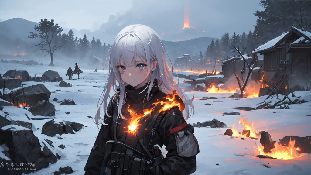 masterpiece:1.2), best quality , 独奏 ,pixiv, anime girl ，long straight white hair , black eyes ,Wearing off-white camouflage uniform ,ten years old，modern battlefield，(Eyes looking into the distance:1.3)，(look away:1.5)，snowy weather，dirty face，The background is a sea of fire with blood on the forehead，dirty face，Backlight，Bare rocky peaks ,Fierce flames are burning，The expression is sad，bullets flying，leave tears