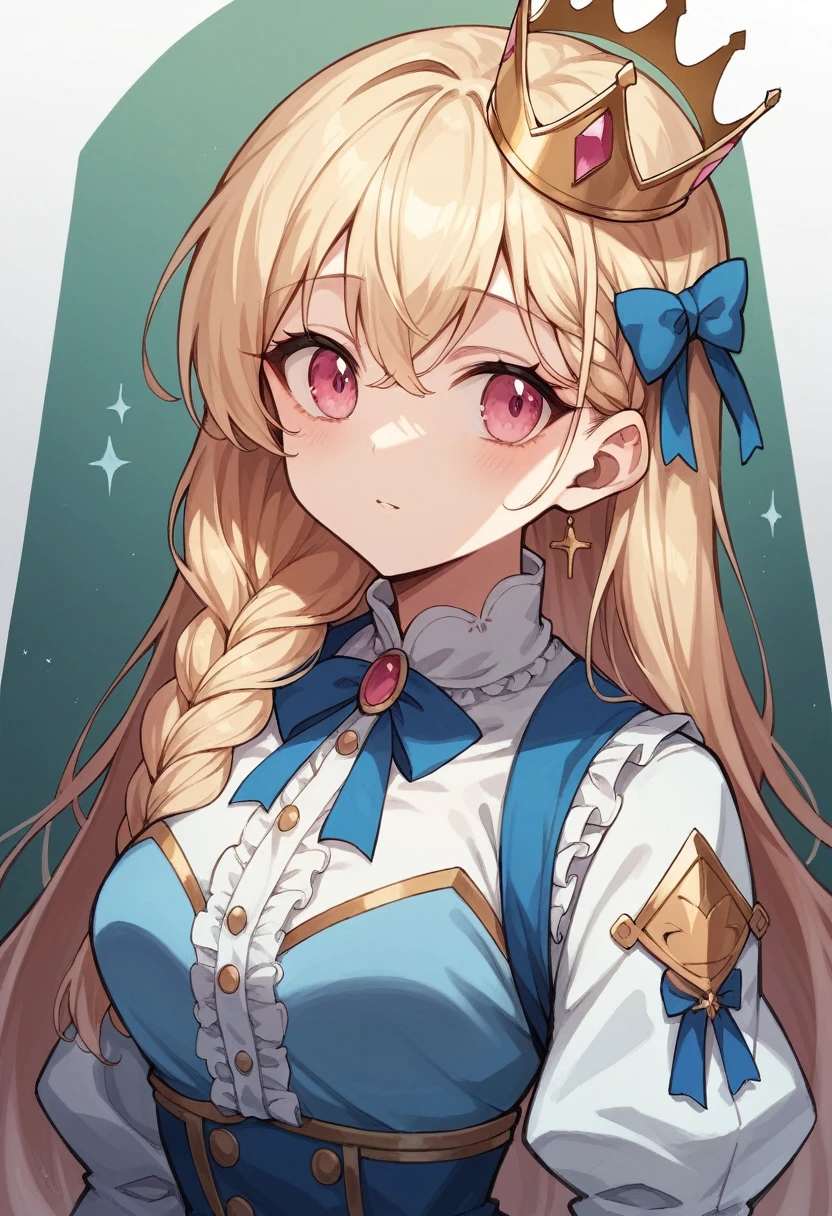 白髪のアニメ風のgirl,Long Hair,Light blue inner color,Hair braided on the right side,Deep pink eyes,Golden Crown,girl,high resolution,Best Image,Clothes like silk,White and blue outfit,Light blue ribbon around the neck