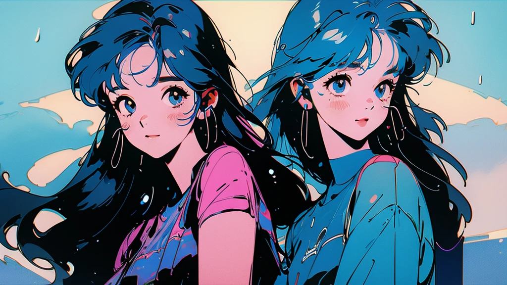 Beautiful flowers are blooming、Cool woman、Look straight into the camera、The blue sky is spreading、Wearing headphones、Long Hair、Blue hair color、youth、Ultra delicate、A little smile、water droplets