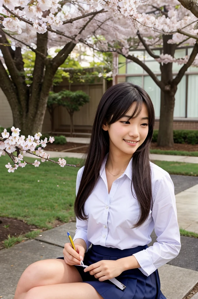 Scene 1: The Cherry Blossom Tree[EXT. SCHOOL YARD - DAY][The cherry blossoms are in full bloom. YUKI, a shy high school girl, sits alone under the tree, sketching in her notebook. KAI, a transfer student, approaches and notices her drawing.]KAI: (smiling) That's a beautiful sketch. Mind if I join you?[YUKI looks up, surprised, but nods shyly.]