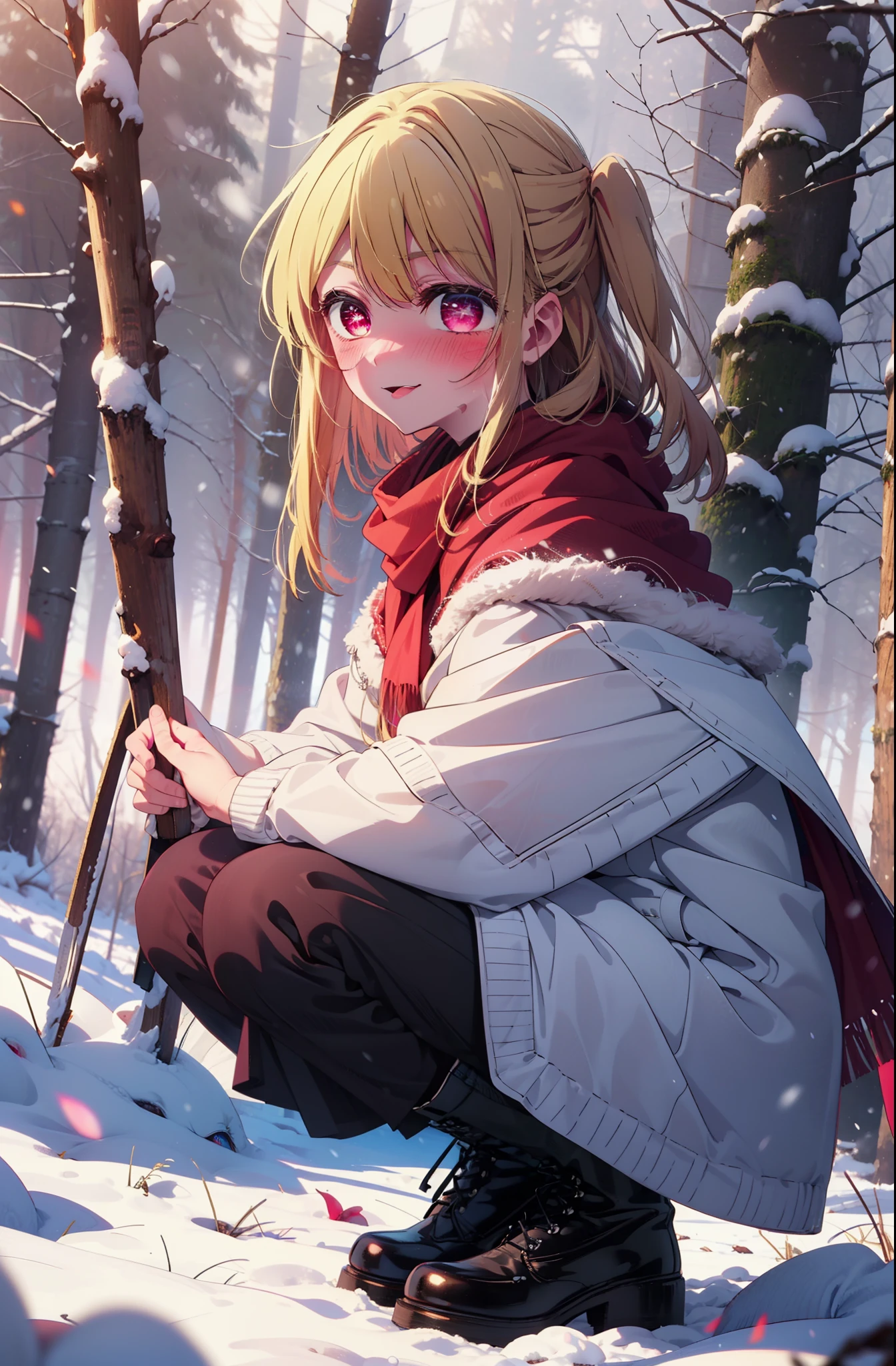 rubyhoshino, Hoshino Ruby, Long Hair, bangs, blonde, (Pink Eyes:1.3), Side Lock, (Symbol-shaped pupil:1.5), Multicolored Hair, Two-tone hair, smile,,smile,blush,White Breath,
Open your mouth,snow,Ground bonfire, Outdoor, boots, snowing, From the side, wood, suitcase, Cape, Blurred, , forest, White handbag, nature,  Squat, Mouth closed, Cape, winter, Written boundary depth, Black shoes, red Cape break looking at viewer, Upper Body, whole body, break Outdoor, forest, nature, break (masterpiece:1.2), Highest quality, High resolution, unity 8k wallpaper, (shape:0.8), (Beautiful and beautiful eyes:1.6), Highly detailed face, Perfect lighting, Extremely detailed CG, (Perfect hands, Perfect Anatomy),