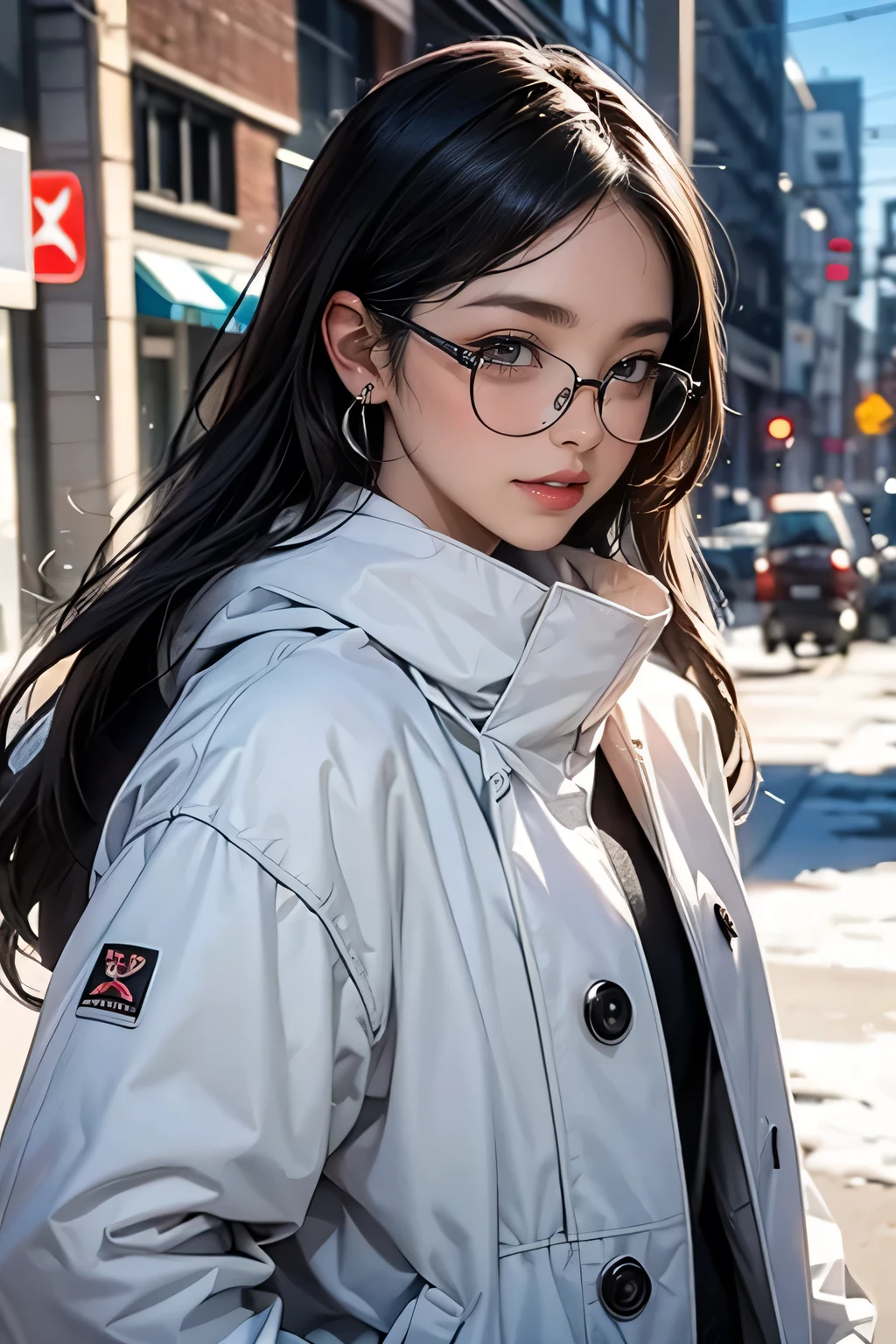 same,, One girl, animal, animal on shoulder, bird, Black-rimmed glasses, Iris, Black Hair, blue null, Cityscape, clear null, coat, Day, Earrings, Wear glasses, Glasses removed, fur coat, Jacket, jewelry, Long Hair, Look to the side, Outdoor, Power lines, Red lips, null, smile, snow, alone, sunglasses, white bird, white coat, winter, winter clothes, , ((masterpiece))