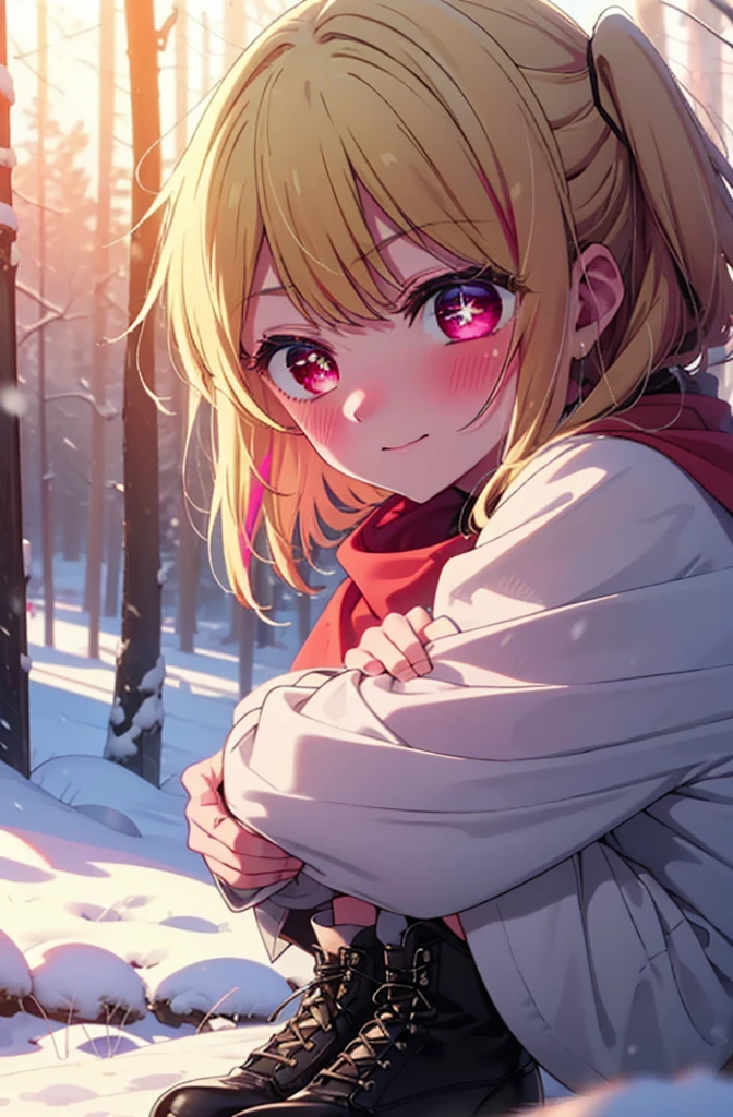 rubyhoshino, Hoshino Ruby, Long Hair, bangs, blonde, (Pink Eyes:1.3), Side Lock, (Symbol-shaped pupil:1.5), Multicolored Hair, Two-tone hair, smile,,smile,blush,White Breath,
Open your mouth,snow,Ground bonfire, Outdoor, boots, snowing, From the side, wood, suitcase, Cape, Blurred, , forest, White handbag, nature, Squat, Mouth closed, Cape, winter, Written boundary depth, Black shoes, red Cape break looking at viewer, Upper Body, whole body, break Outdoor, forest, nature, break (masterpiece:1.2), Highest quality, High resolution, unity 8k wallpaper, (shape:0.8), (Beautiful and beautiful eyes:1.6), Highly detailed face, Perfect lighting, Extremely detailed CG, (Perfect hands, Perfect Anatomy),