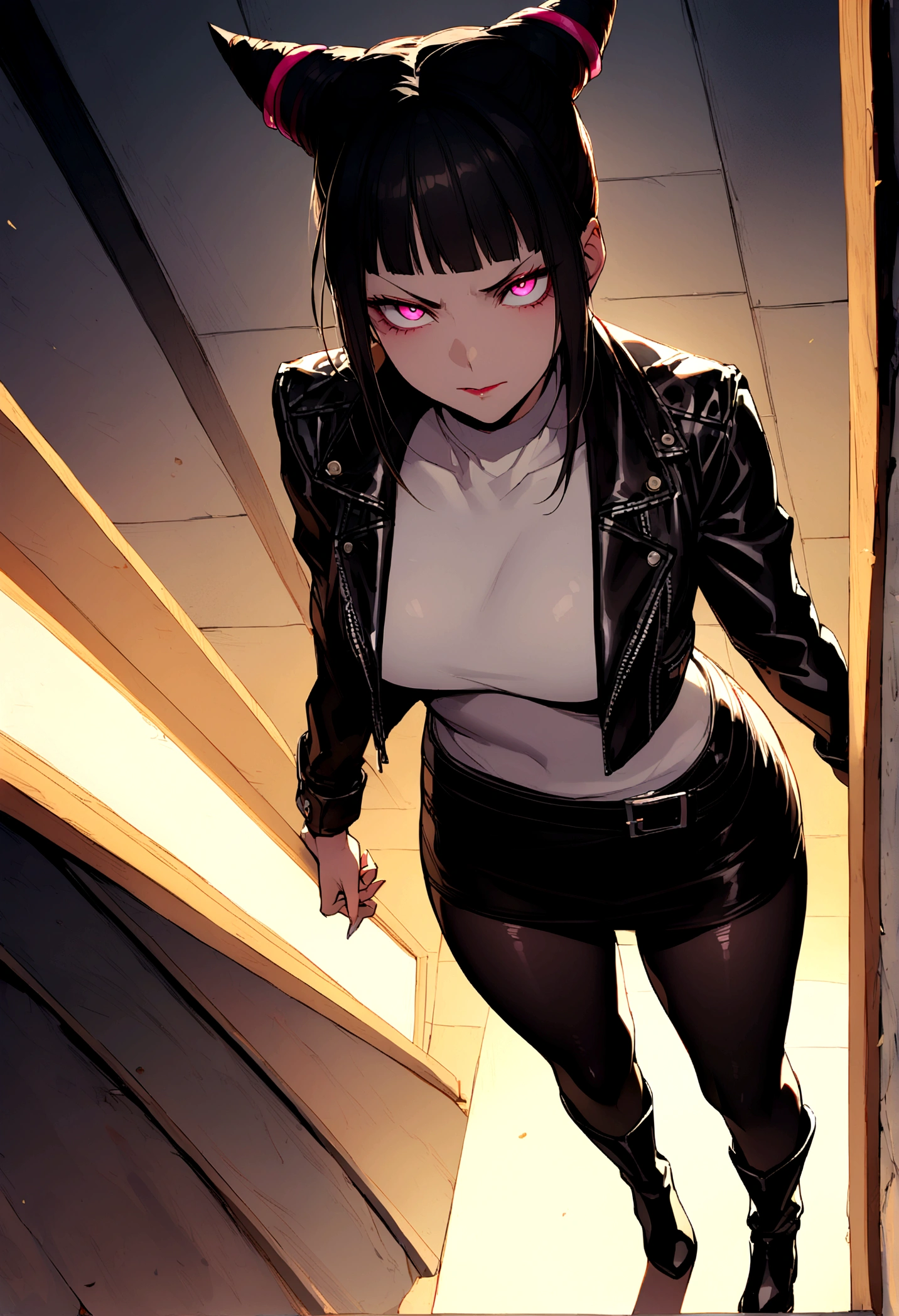 juri han,beautiful young warrior , with a very detailed and beautiful face, beautifuleyes, beautifuleyes, gorgeous face, beautiful young woman wearing long black leggings with black details, short mini skirt, usando leather jacket preta, Standing in an office, wearing black boots, horn hair, with black fringe, , evil smile ,white sweater with strap around, serious look,usando leather jacket preto, leather jacket,staring overhead,yellow lighting