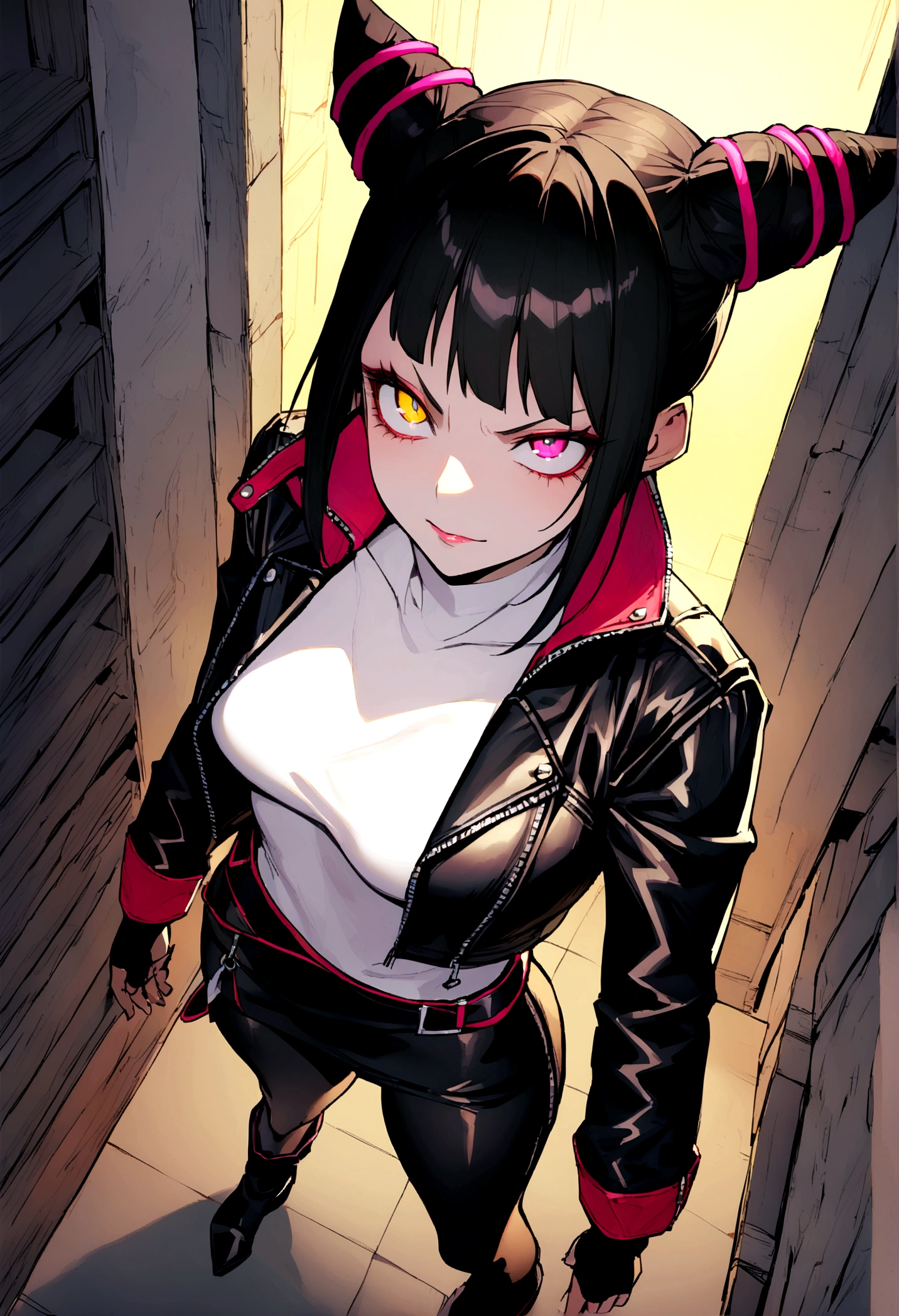 juri han,beautiful young warrior , with a very detailed and beautiful face, beautifuleyes, beautifuleyes, gorgeous face, beautiful young woman wearing long black leggings with black details, short mini skirt, usando leather jacket preta, Standing in an office, wearing black boots, horn hair, with black fringe, , evil smile ,white sweater with strap around, serious look,usando leather jacket preto, leather jacket,staring overhead