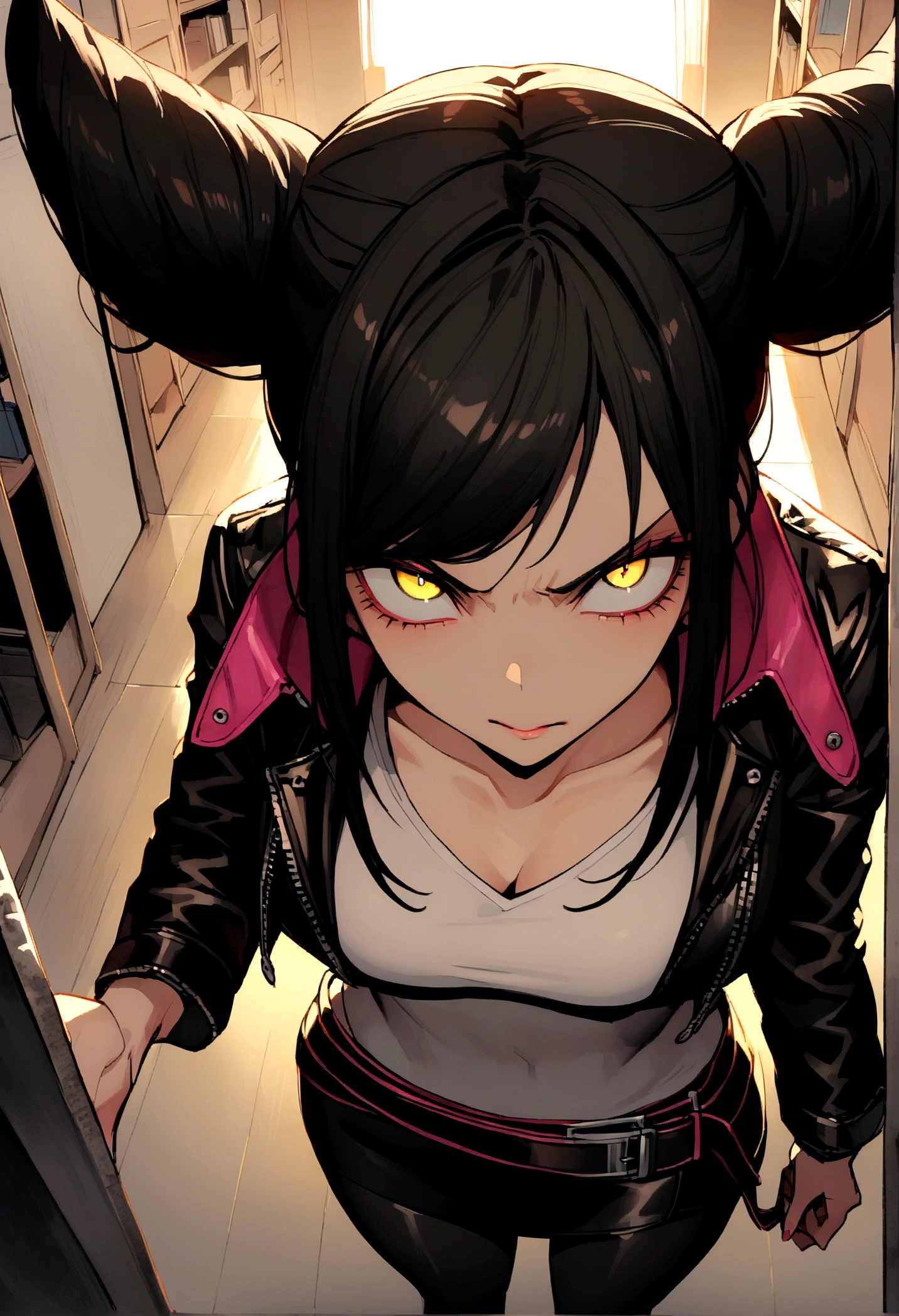 juri han,beautiful young warrior , with a very detailed and beautiful face, beautifuleyes, beautifuleyes, gorgeous face, beautiful young woman wearing long black leggings with black details, short mini skirt, usando leather jacket preta, Standing in an office, wearing black boots, horn hair, with black fringe, , evil smile ,white sweater with strap around, serious look,usando leather jacket preto, leather jacket,staring overhead,yellow lighting