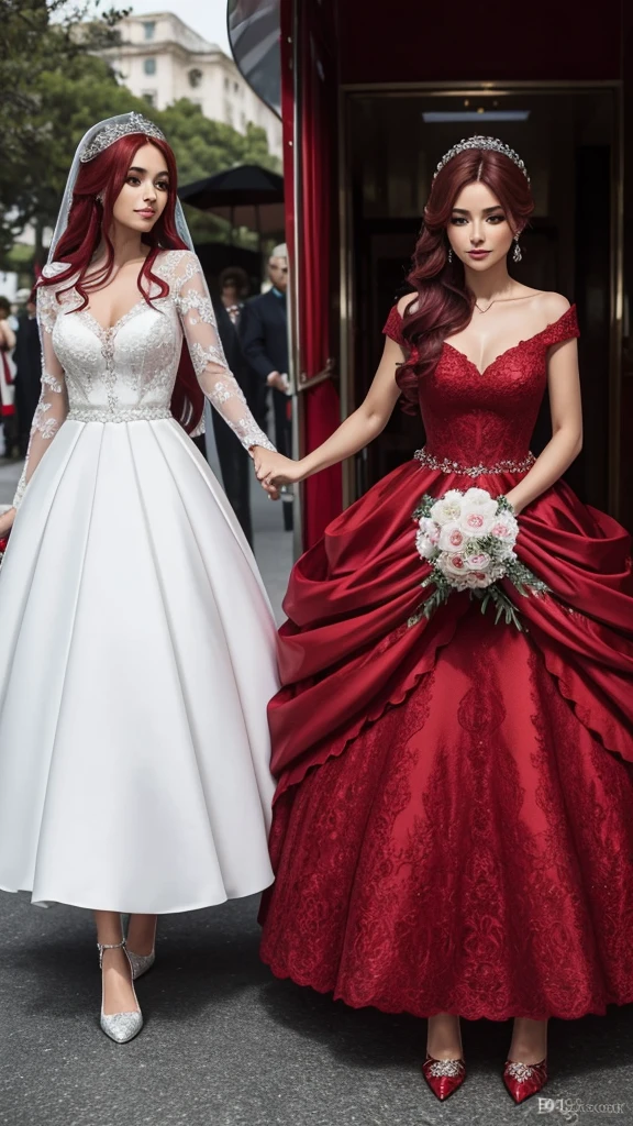 Vestido de dama de honor color rojo con 💐 zapatillas de cristal en tonos calidos y carruaje de caballos blanco con coletas rojas o vestidos negros para dama ee honor peinados para gala de matrimonio