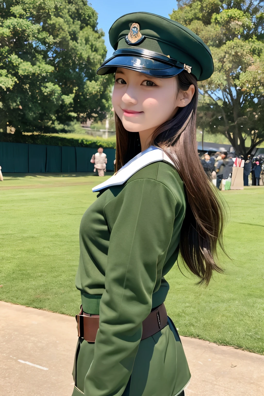 One girl、Semi-long hair（brown）、long sleeve air force uniform（Moss Green）、Patch on shoulder、belt、Shorts（Moss Green）、military cap、short boots（濃いbrown）、F2 Fighter、Airshow、blue sky