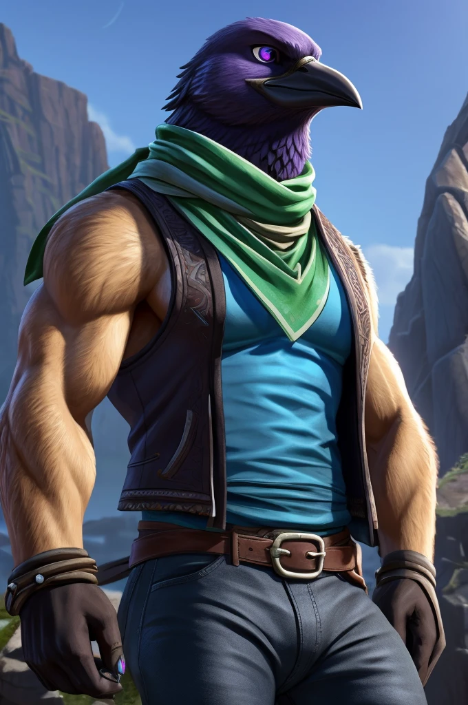 A Male Muscular Anthropomorphic Crow From Legend of Zelda Breath of The Wild Has A Calm, But Serious Face Expression And Has Black Feathers, Purple Eyes On His Arms While He Was Wearing A Jacket Vest With A White Tank-Top Underneath, Blue Champion Scarf, A Pair of Black Jeans