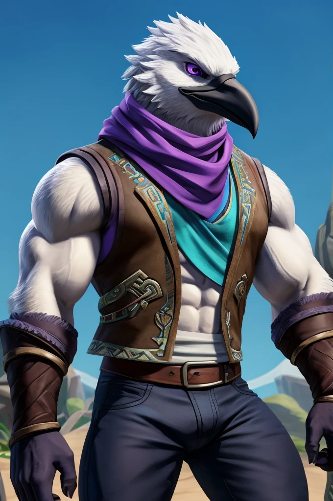 A Male Muscular Anthropomorphic Crow From Legend of Zelda Breath of The Wild Has A Calm, But Serious Face Expression And Has Black Feathers, Purple Eyes On His Arms While He Was Wearing A Jacket Vest With A White Tank-Top Underneath, Blue Champion Scarf, A Pair of Black Jeans