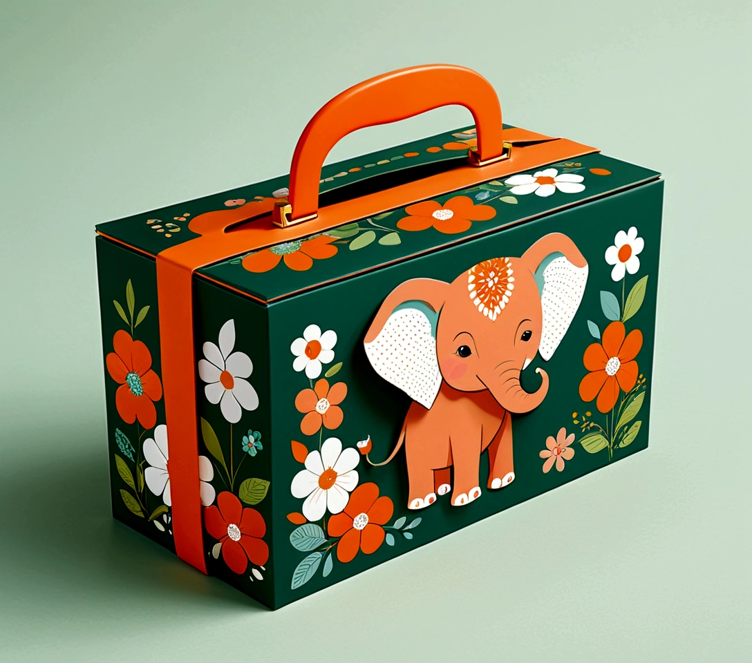 Beautifully designed flat rectangular box with handle, with carrying handle, English squares, flourishing flowers, printing a cute little elephant, geometric lines, minimalist, modern, high end, cute, color blocking, floral motifs, orange and green, illustration, cartoon, geometric style, beautifully detailed, flat color vector design style,...