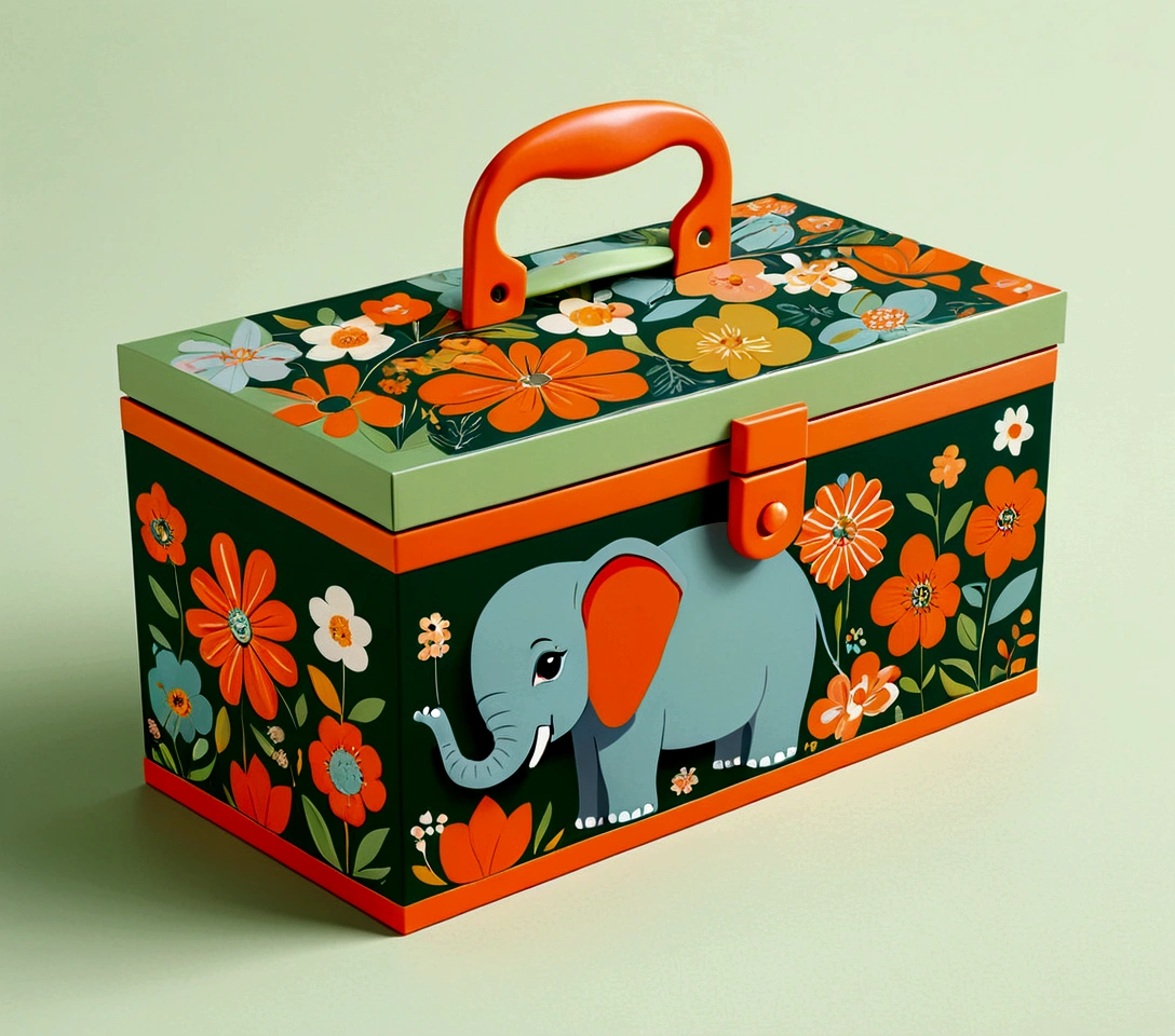 Beautifully designed flat rectangular box with handle, with carrying handle, English squares, flourishing flowers, printing a cute little elephant, geometric lines, minimalist, modern, high end, cute, color blocking, floral motifs, orange and green, illustration, cartoon, geometric style, beautifully detailed, flat color vector design style,...