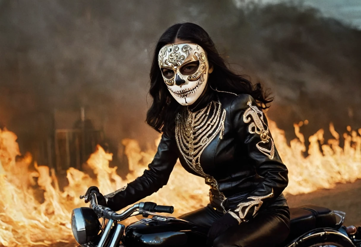 Long view shot photo of a woman wearing a shiny metallic skeleton face as her mask, with a vintage 70s aesthetic, , black wavy hair, black leather outfit with intricate detail, at a circus stage, warm tones, faded colors, cinematic, nostalgic feel, candid pose, riding a black motorbike with intricate detail trough a ring of fire, motion blur effect, action shot, Fine art photography style
