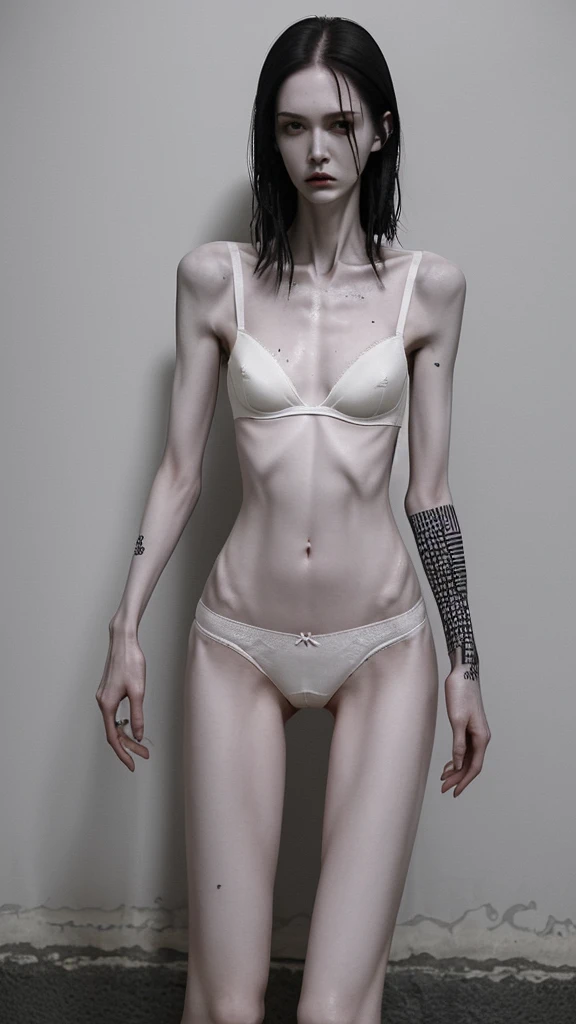 a woman, very thin body, body visible bones, very slender, pale white skin, sweaty wet body, panties, bra,tatto, full body, has a mental breakdown in an underground prison