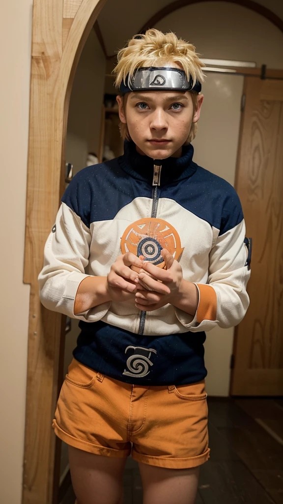 pretty face , young face, 12 year old young boy, blonde hair; blue eyes ; naruto uzumaki traits https://static.wikia.nocookie.net/naruto/images/3/33/Naruto_Uzumaki_%28Parte_I_-_HD%29.png/revision/latest/scale-to-width-down/1000?cb= 20160316113315&path-prefix=pt-br ; white turtleneck jaquat with blue works and the rest is orange