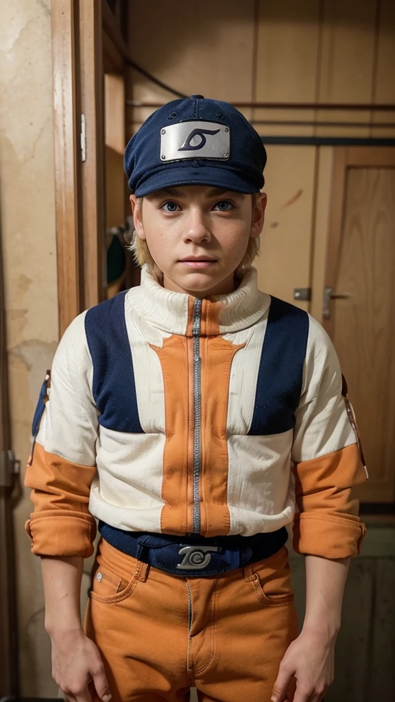 pretty face , young face,  young  boy, blonde hair; blue eyes ; naruto uzumaki traits https://static.wikia.nocookie.net/naruto/images/3/33/Naruto_Uzumaki_%28Parte_I_-_HD%29.png/revision/latest/scale-to-width-down/1000?cb= 20160316113315&path-prefix=pt-br ; white turtleneck jaquat with blue works and the rest is orange
