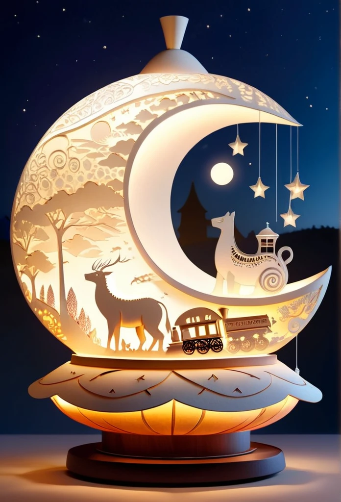Gourd lamp. A lamp in the shape of a gourd. Delicate design. Beautiful luster. Shapes of the moon, sun, stars and animals are carved out. When lit, beautiful patterns emerge. Relaxing.
steam locomotive、Paper Art、Three-dimensional, colorful、Delicate and beautiful curves,Fantastic steam locomotive、
Night sky, stars, moon, flowers,Fantasy World