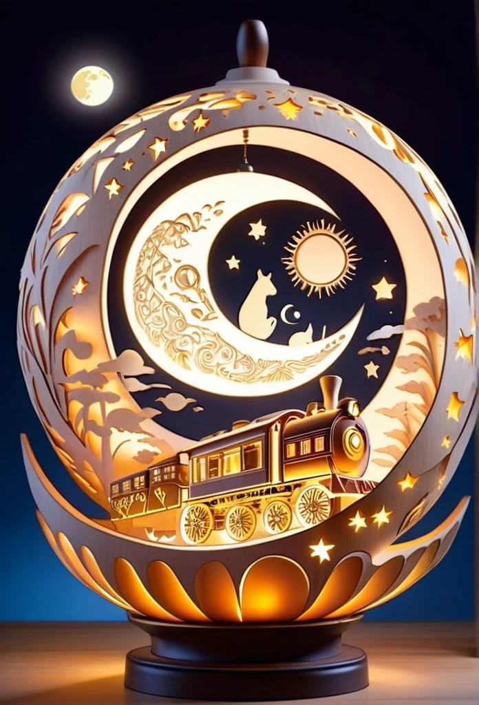 Gourd lamp. A lamp in the shape of a gourd. Delicate design. Beautiful luster. Shapes of the moon, sun, stars and animals are carved out. When lit, beautiful patterns emerge. Relaxing. 
steam locomotive、Paper Art、Three-dimensional, colorful、Delicate and beautiful curves,Fantastic steam locomotive、
Night sky, stars, moon, flowers,Fantasy World