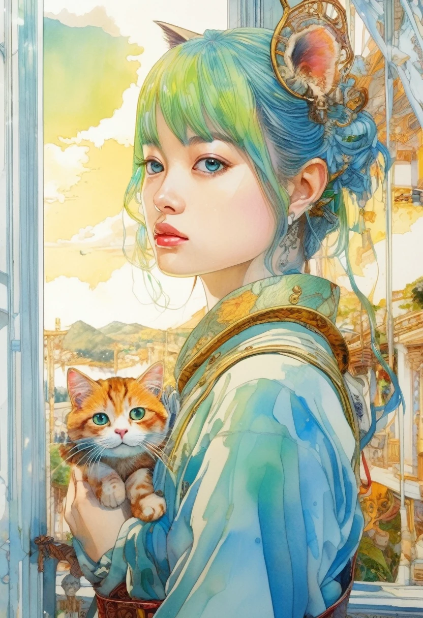 artwork:Katsuya Terada
8k, High resolution, A complex and intricate masterpiece, (Summer vacation:1.4), (Cat and girl:1.1), transparent, Sparkling blue eyes, Calico cat with light green eyes, Medium Shot, Blue Hair, Organic Shapes, Hard Edge, Anatomically correct body, Ultra-realistic, Cat elegant,Cinema Lighting, Very detailed, Vibrant colors, Octane Rendered Cat, Surreal atmosphere, Award-winning works, Bright and rich colors, iridescent accents, Dramatic Shadows,Dynamic and atmospheric lighting, Anamorphic Lens, Sharp focus,
An intricate and detailed masterpiece by Katsuya Terada, Katsuya Terada Style, Pop Surrealism, watercolor , Kanna Hashimoto