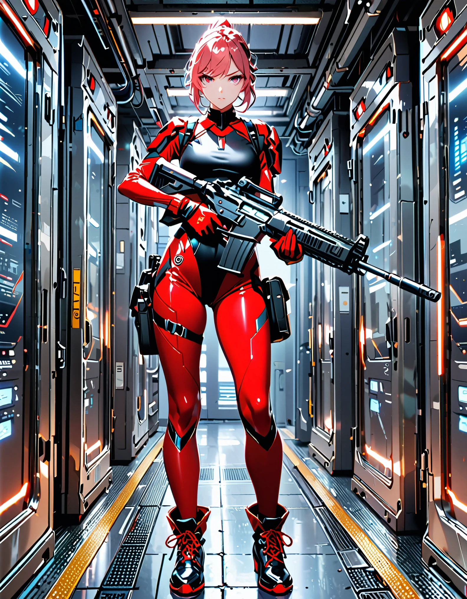 masterpiece, highly detailed, best quality, high quality, 1girl, (solo, solo focus), beautiful detailed eyes, beautiful detailed face, (perfect hands, complete fingers), perfect anatomy, perfect proportions, detailed shadows, detailed light, (red skintight bodysuit, (black leotard), shoulder holster,) matching gloves, (full red pantyhose, skintight red leggings, perfect fit), matching boots, full body, serious, full body costume design. hi-tech spy building, indoors. (holding assault rifle)