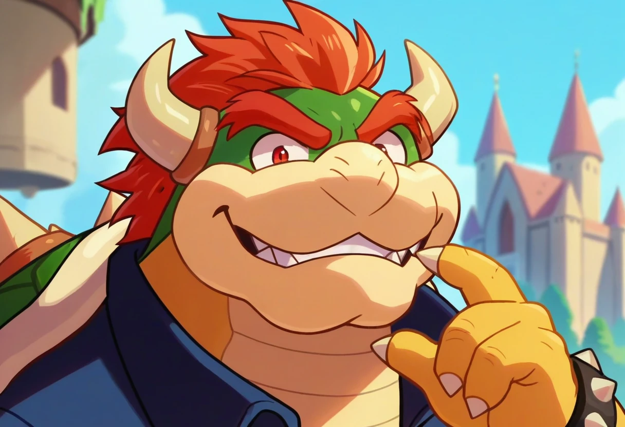 anime screencap,drgbls1, solo, Bowser, male,score_9, score_8_up, score_7_up, score_6_up.castle, upper body,smile,
