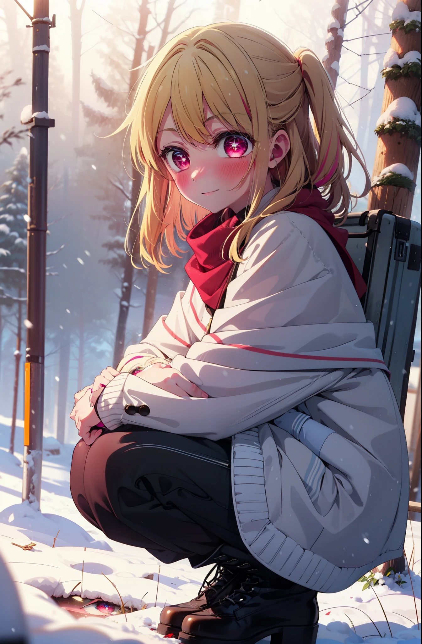 rubyhoshino, Hoshino Ruby, Long Hair, bangs, blonde, (Pink Eyes:1.3), Side Lock, (Symbol-shaped pupil:1.5), Multicolored Hair, Two-tone hair, smile,,smile,blush,White Breath,
Open your mouth,snow,Ground bonfire, Outdoor, boots, snowing, From the side, wood, suitcase, Cape, Blurred, , forest, White handbag, nature,  Squat, Mouth closed, Cape, winter, Written boundary depth, Black shoes, red Cape break looking at viewer, Upper Body, whole body, break Outdoor, forest, nature, break (masterpiece:1.2), Highest quality, High resolution, unity 8k wallpaper, (shape:0.8), (Beautiful and beautiful eyes:1.6), Highly detailed face, Perfect lighting, Extremely detailed CG, (Perfect hands, Perfect Anatomy),