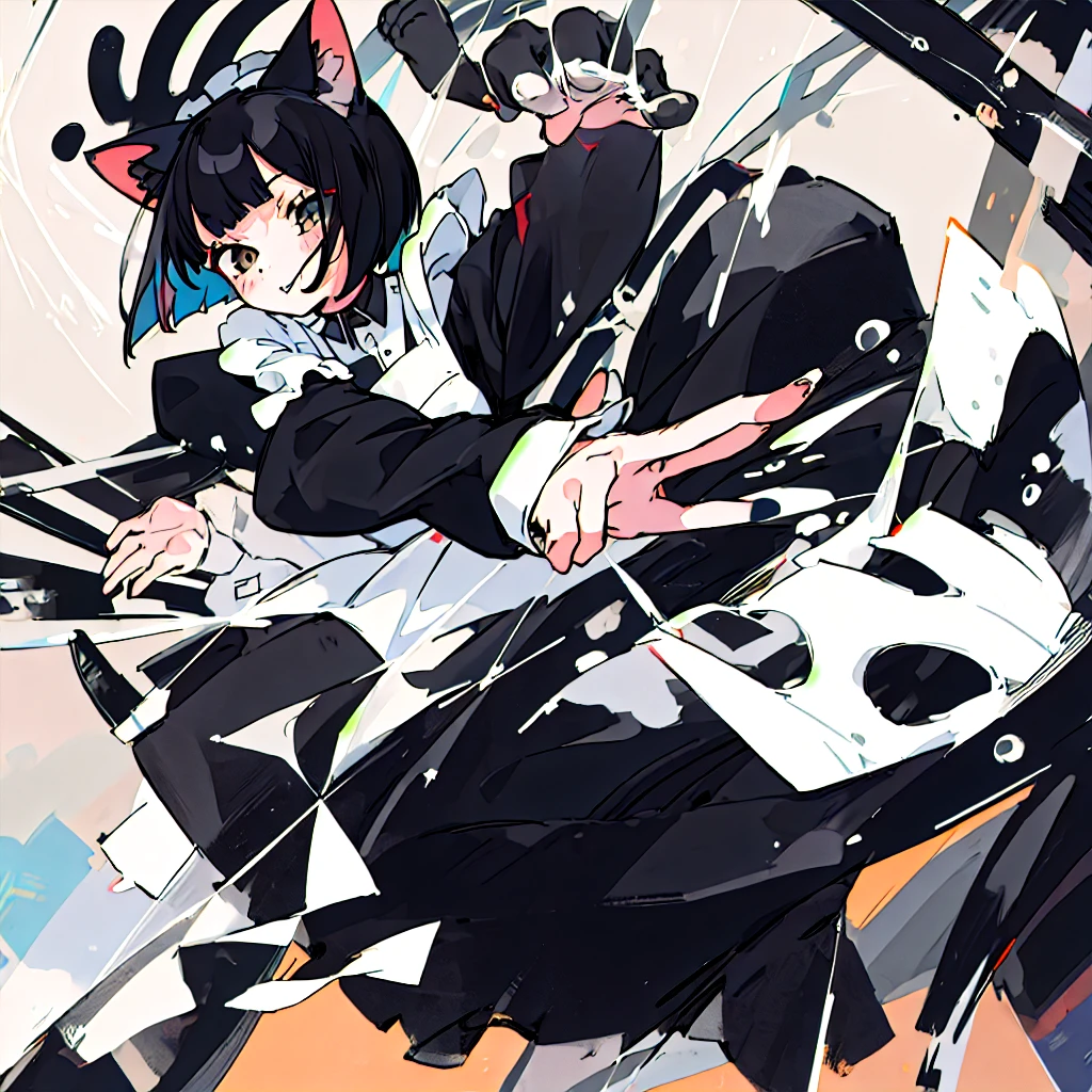 masterpiece、Highest quality、One Girl、Black Hair、Cat ear、Bob Hair、Maid clothes、Reaching out