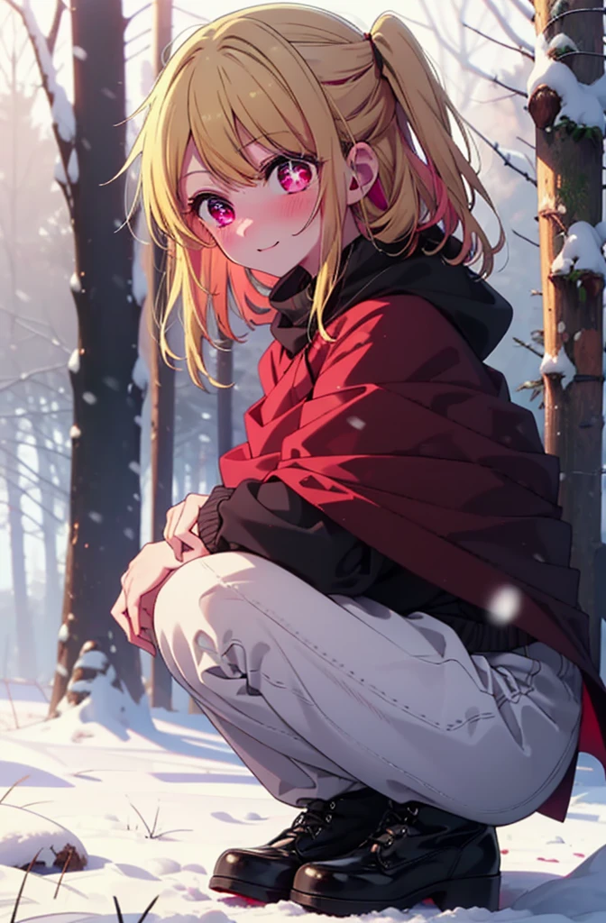 rubyhoshino, Hoshino Ruby, Long Hair, bangs, blonde, (Pink Eyes:1.3), Side Lock, (Symbol-shaped pupil:1.5), Multicolored Hair, Two-tone hair, smile,,smile,blush,White Breath,
Open your mouth,snow,Ground bonfire, Outdoor, boots, snowing, From the side, wood, suitcase, Cape, Blurred, , forest, White handbag, nature, Squat, Mouth closed, Cape, winter, Written boundary depth, Black shoes, red Cape break looking at viewer, Upper Body, whole body, break Outdoor, forest, nature, break (masterpiece:1.2), Highest quality, High resolution, unity 8k wallpaper, (shape:0.8), (Beautiful and beautiful eyes:1.6), Highly detailed face, Perfect lighting, Extremely detailed CG, (Perfect hands, Perfect ???????),