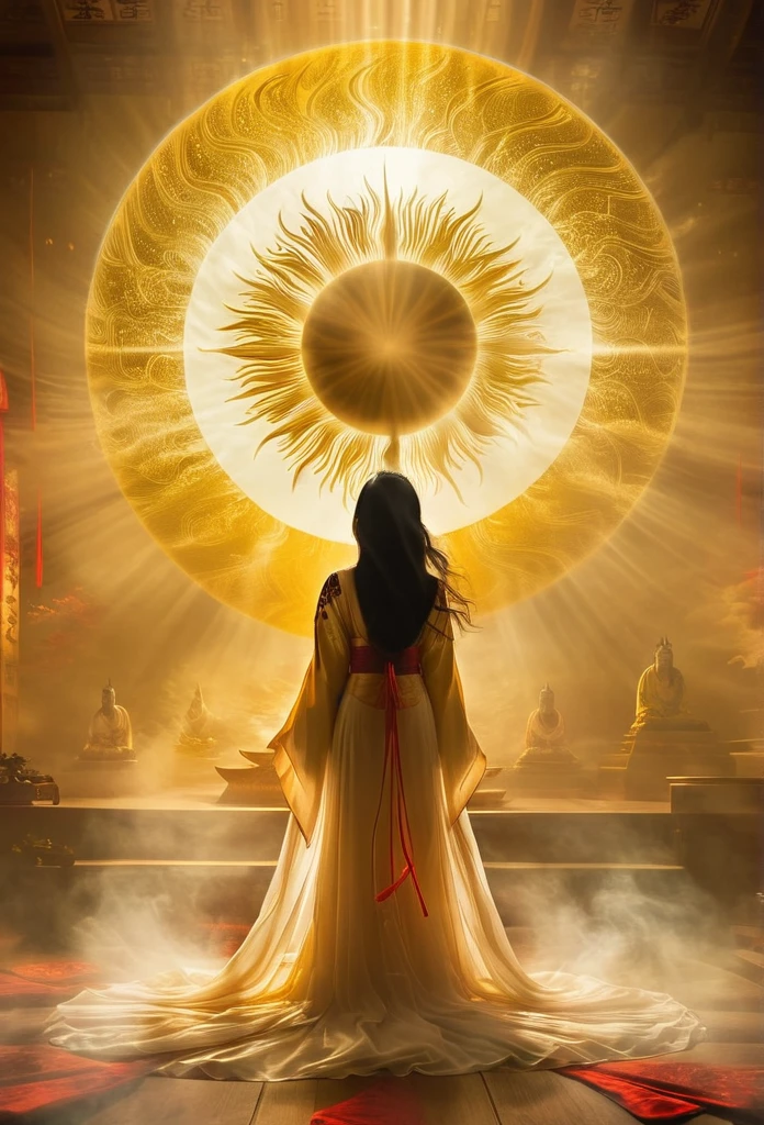 Amaterasu Photography, Shrouded in a magical atmosphere,A fusion of Japanese mythology, surrealism and ethereal elements. This high-resolution photo captures the divine beauty of Amaterasu, Sun Goddess, Exudes a divine light. The scene exudes a sense of magic and wonder, Leading the audience into a realm where myth and imagination are seamlessly intertwined, Creating a visually captivating blend of reality and the supernatural,xianxia,blingbling,Motion blurred, Movie-level lighting effects,close up,detailed face