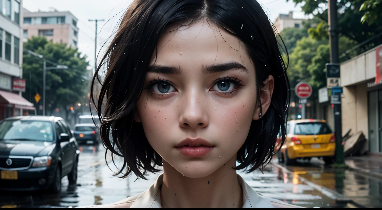 35mm film, solo, bob cut, makeup, blue eyes, , (formal shirt) (skirt) (((rain))) ((destroyed street))) (((Sad))) upper body, epiCPhoto,focus on face, close to viewer, intricate lines, intriguing atmosphere, sharp magnificent details, delicate features, elaborate details, beautiful girl, black hair, (short hair) 1girl ((upper body)) ((beautiful lighting)) wet hair, wet girl