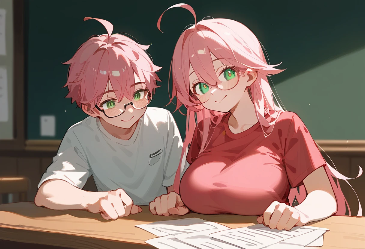 One Woman、Big Breasts、Pink Hair、Long Hair、Straight Hair、Ahoge、Kind older sister、Pink small glasses、Green Eyes、smile、Droopy eyes、Background home table、shirt、I sit next to him and teach him、Right beside me