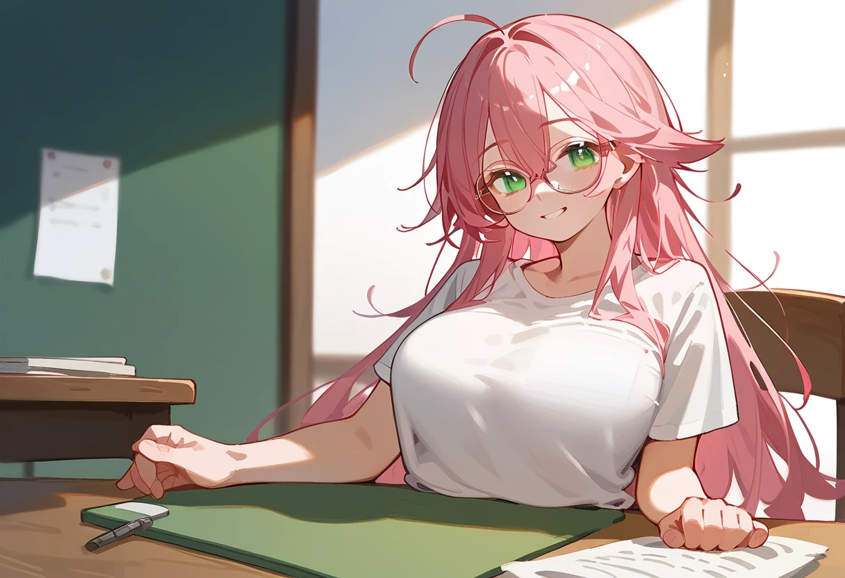 One Woman、Big Breasts、Pink Hair、Long Hair、Straight Hair、Ahoge、Kind older sister、Pink small glasses、Green Eyes、smile、Droopy eyes、Background home table、shirt、I sit next to him and teach him、Right beside me